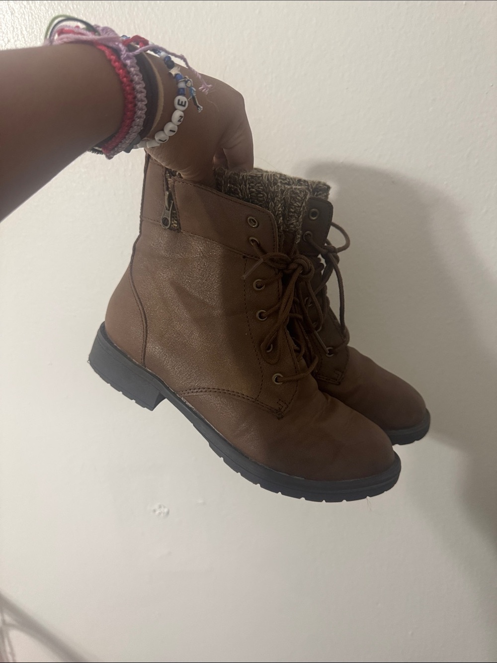 Kids Brown Lace-Up Ankle Boots with Knit Cuff